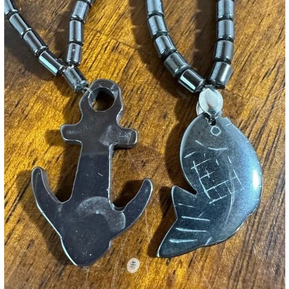 6Pc Hematite Stone Pendant Necklace Lot Fish Cross Anchor Horn Sun Heart